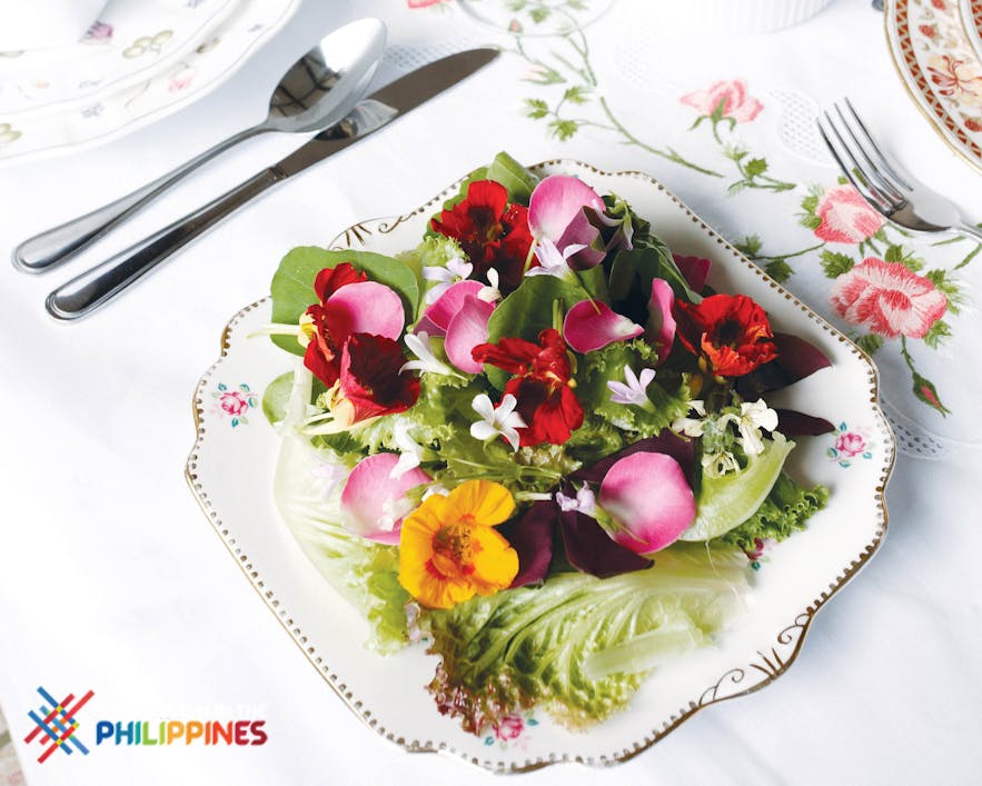 Edible flowers on salad at Sonya's Secret Garden in Tagaytay
