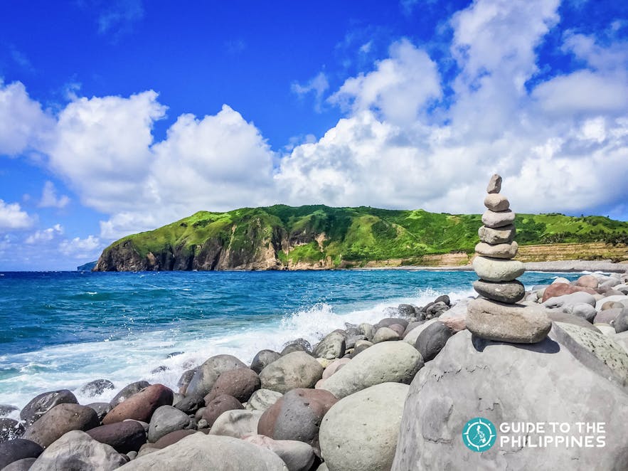 Pyramid of stones at the Valugan Boulder Beach in Batanes, Philippines