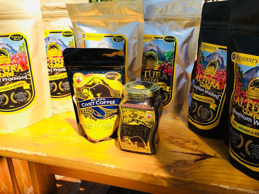 Packs of world-famous civet coffee at Mt. Apo Cafe in Davao, Philippines