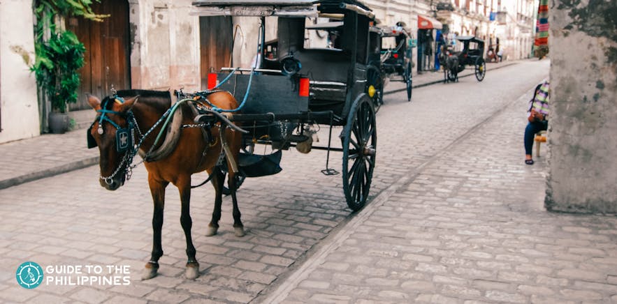 A kalesa, or horse-drawn carriage, parked along Calle Crisologo in Vigan, Ilocos Sur