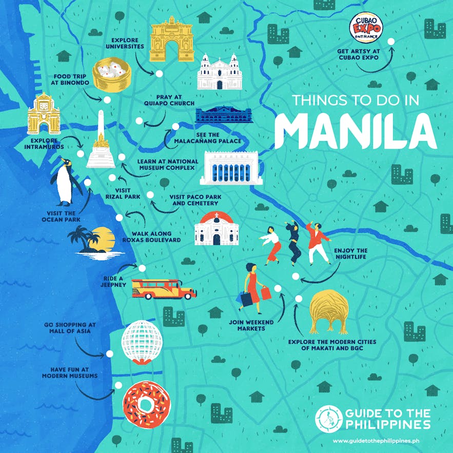 할 일 및 마닐라 활동을 기록한 Guide to the Philippines의 마닐라 지도