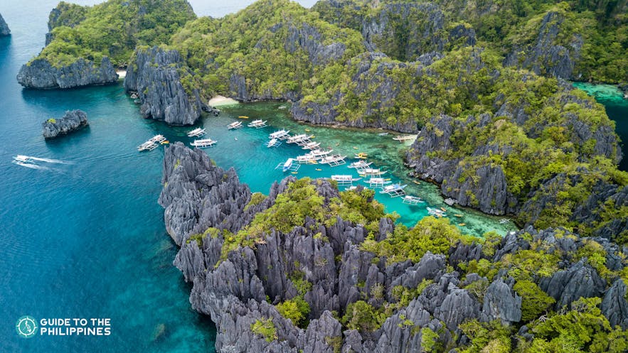 Aerial view of El Nido's limestone karsts and clear blue waters at Small Lagoon
