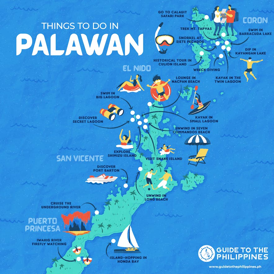 Guide to the Philippines' map of things to do in Palawan, including San Vicente