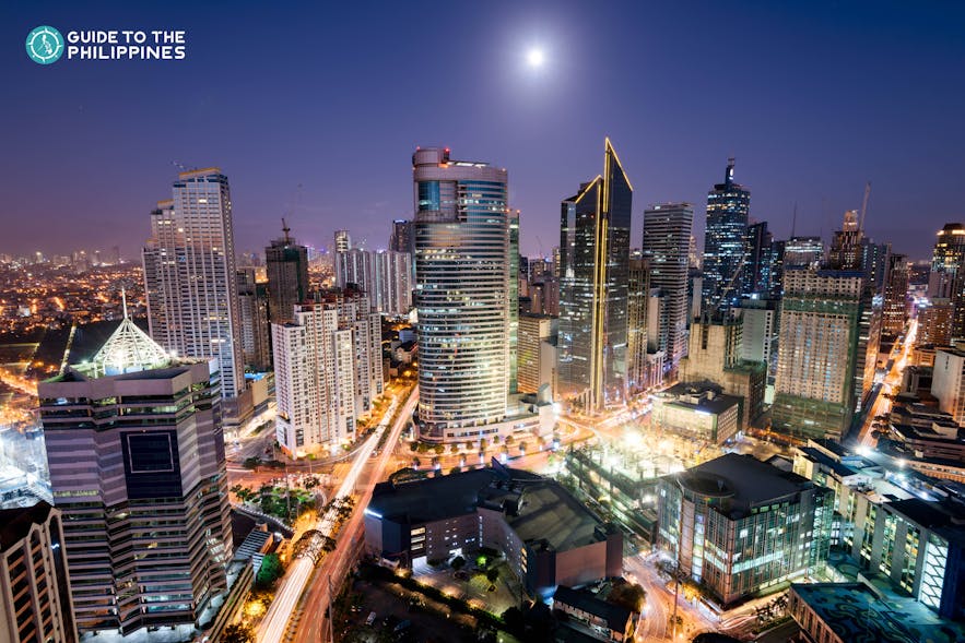 Aerial cityscape of Makati Central Business District at night