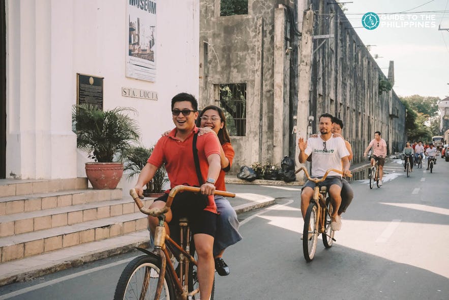 A group of friends around Intramuros in bamboo bikes