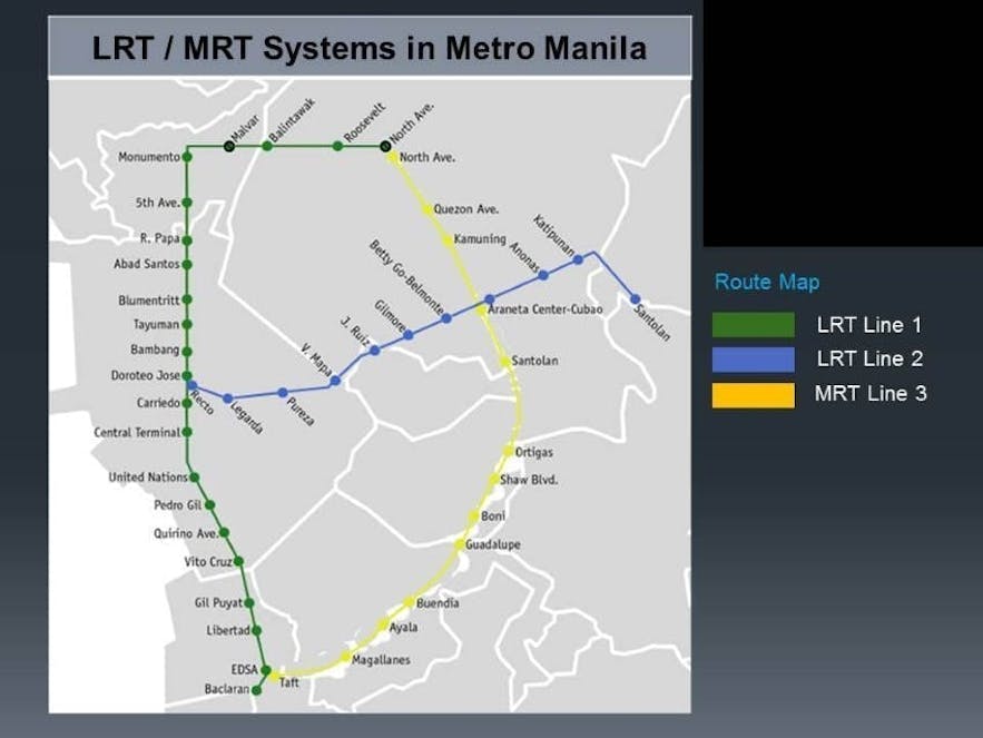 마닐라 메트로 레일 운송 및 경전철 철도체계 지도