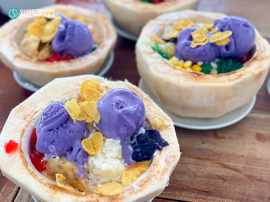 Philippine halo halo with ice cream in shaved coconut