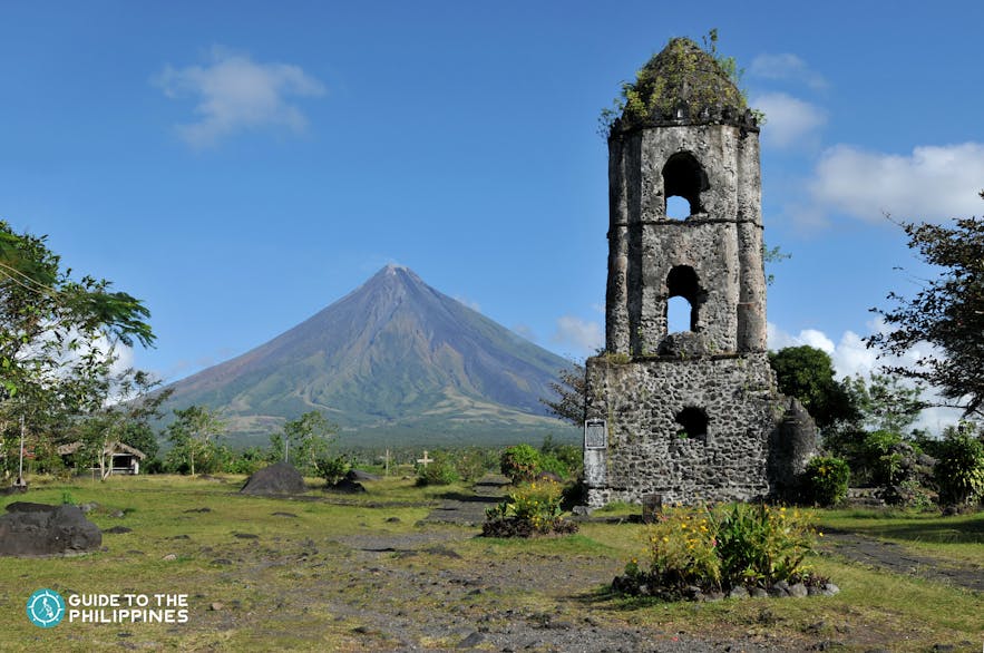 Cagsawa Ruins which can be seen with a background of Mayon Volcano