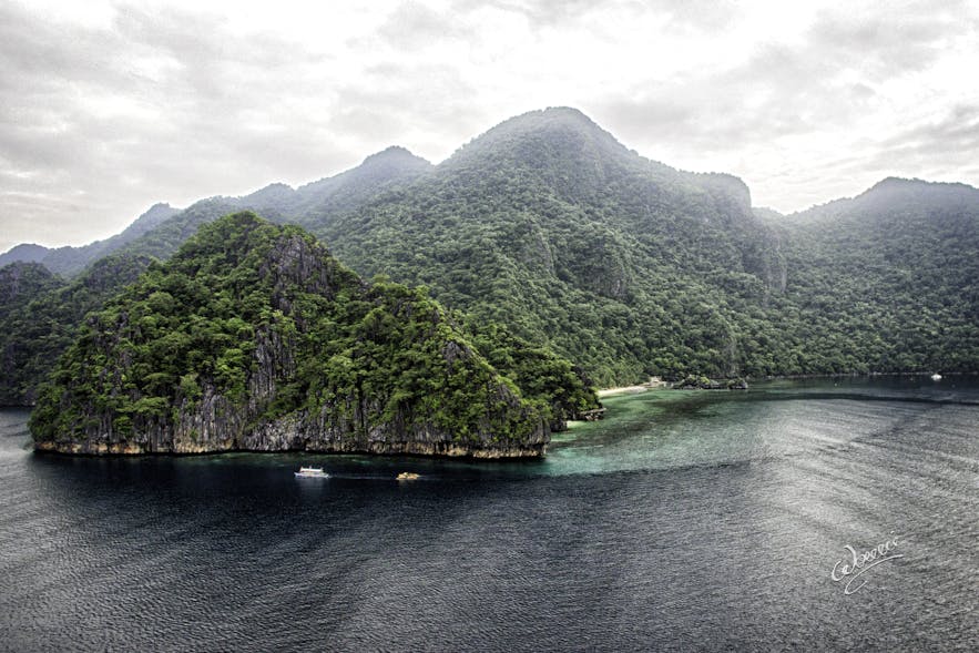 Aerial view of Sangat Island, home to many shipwreck dive spots in Coron