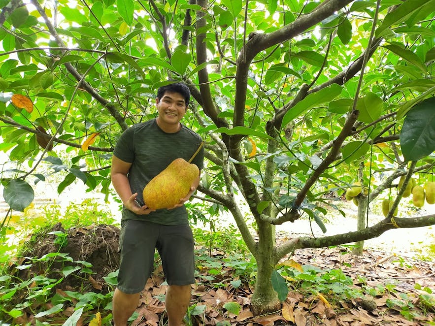 A guy posing with a jackfruit in Moca Family Farm 