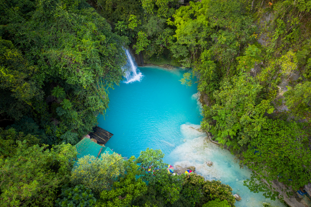 Blue waters and green forests in Kawasan Falls in Cebu