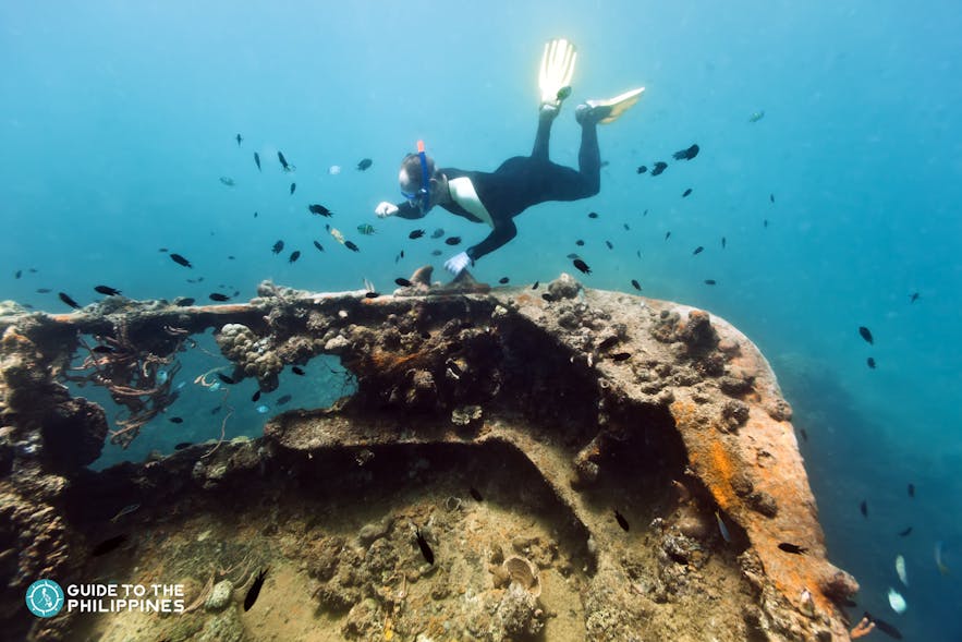 A diver exploring the wreck sites in Coron