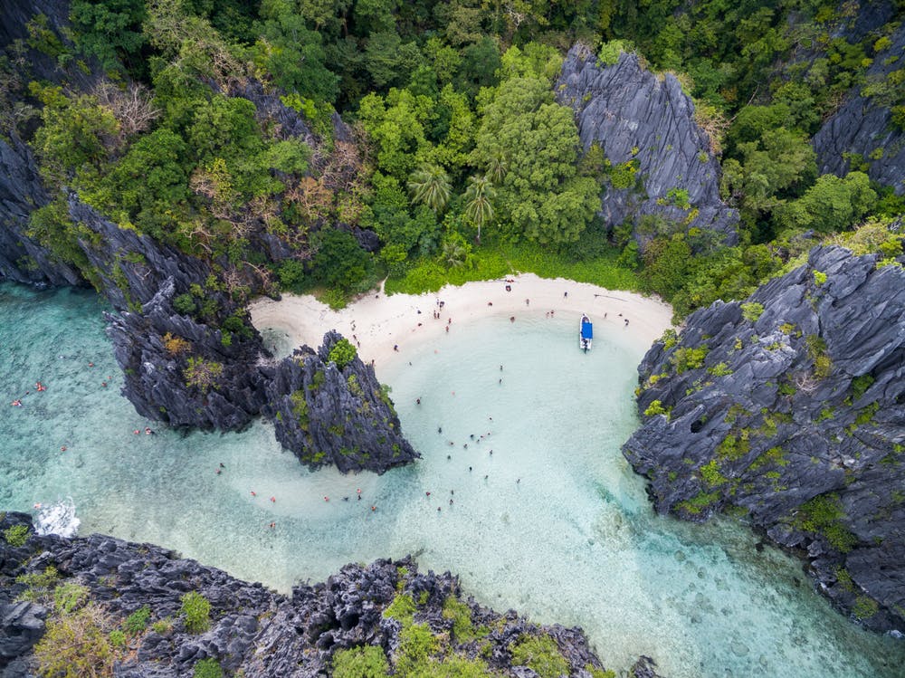 Aerial view of Hidden Beach in El Nido Palawan