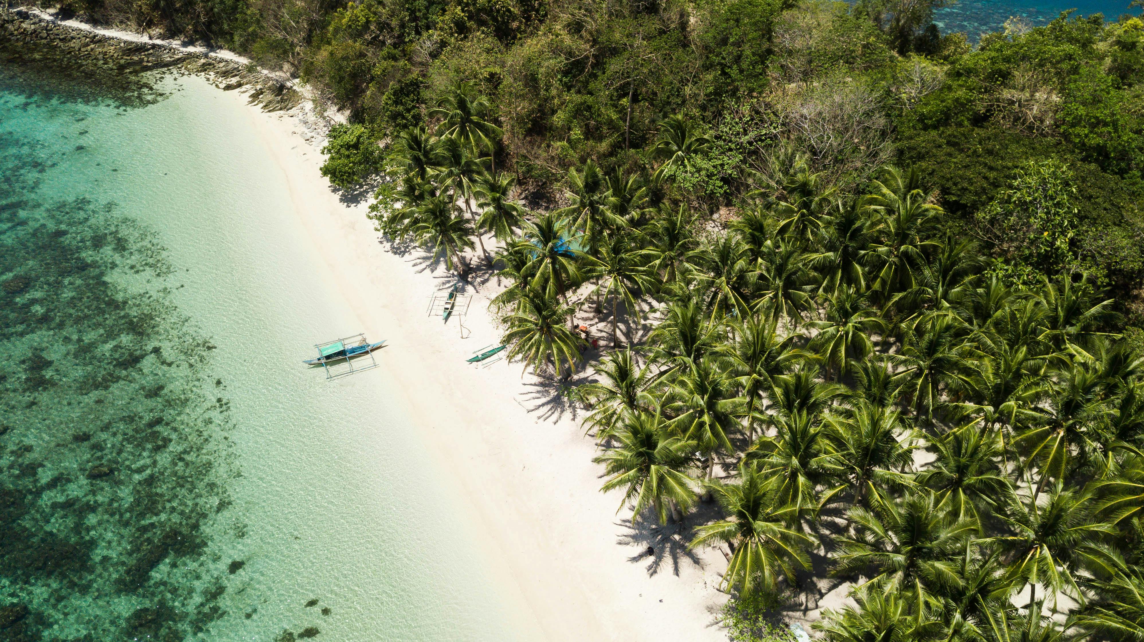 Aerial view of a white sand beach in Port Barton Palawan