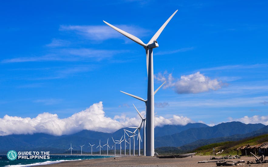 Bangui Windmills lined up on a beach in Ilocos Norte