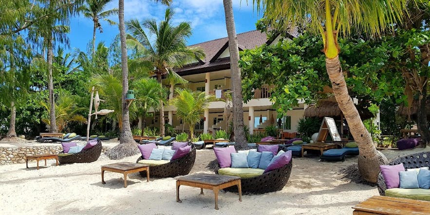 Lounge chairs on Ocean Vida Beach and Dive Resort's beachfront