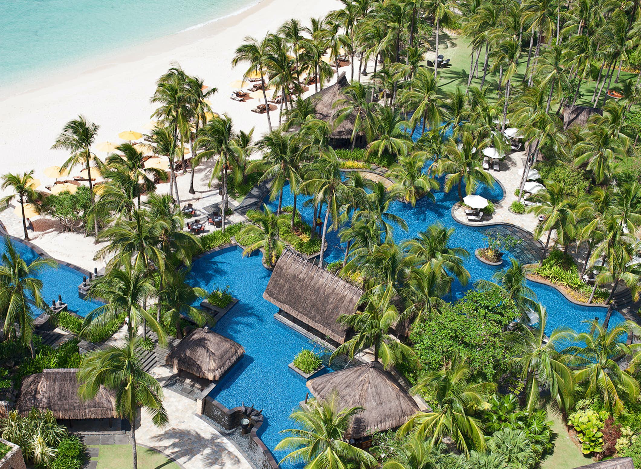 Pool and beach aerial view of Shangri-La Boracay Resort