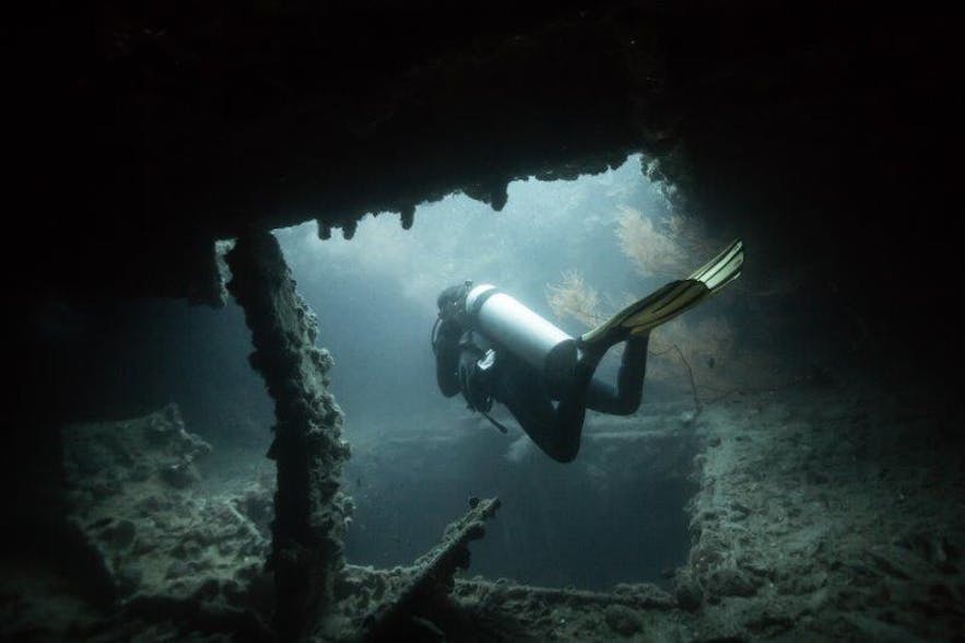 Diver exploring the Skeleton Wreck