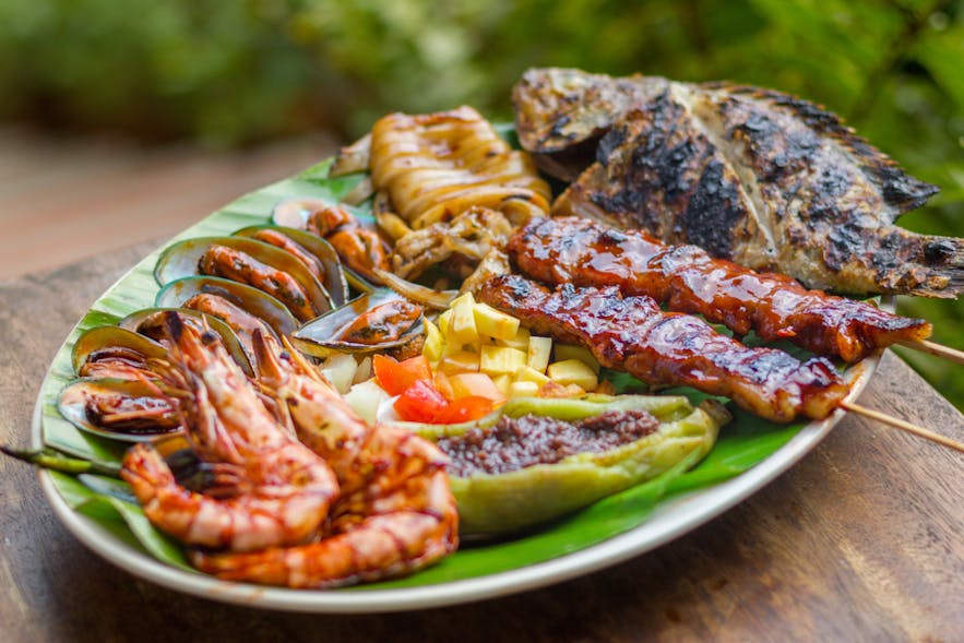 Grilled seafood and meat platter in the Philippines