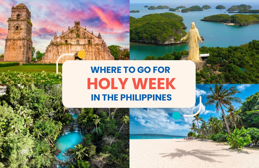 Paoay Cathedral in Laoag, Ilocos Norte, Christ the Savior statue at Hundred Islands Pangasinan, Cambugahay Falls in Siquijor,  White Beach in Boracay