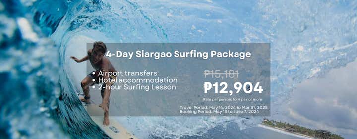 4-Day Amazing Surfing Tour Package to Siargao Island at Happiness Beach Resort with Surfing Lessons
