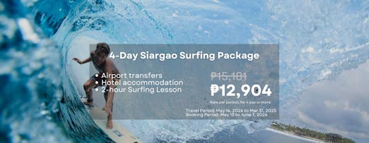 4-Day Amazing Surfing Tour Package to Siargao Island at Happiness Beach Resort with Surfing Lessons