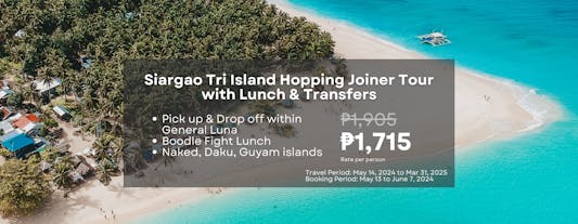 Siargao Tri Island Hopping Joiner Tour to Naked, Daku & Guyam Islands with Lunch & Transfers