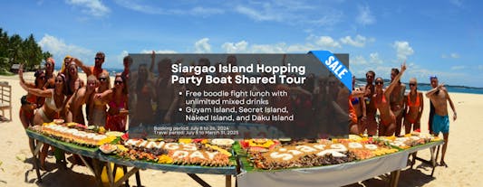 Siargao Island Hopping Party Boat Shared Tour with Boodle Fight Lunch & Unlimited Drinks